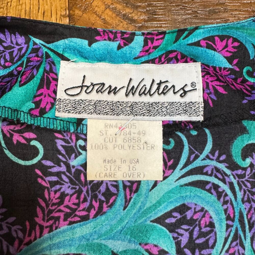 VTG Joan Walters Teal Pink Colorful Leaf Floral Print Button Up Blouse Sz 16 - Picture 2 of 5